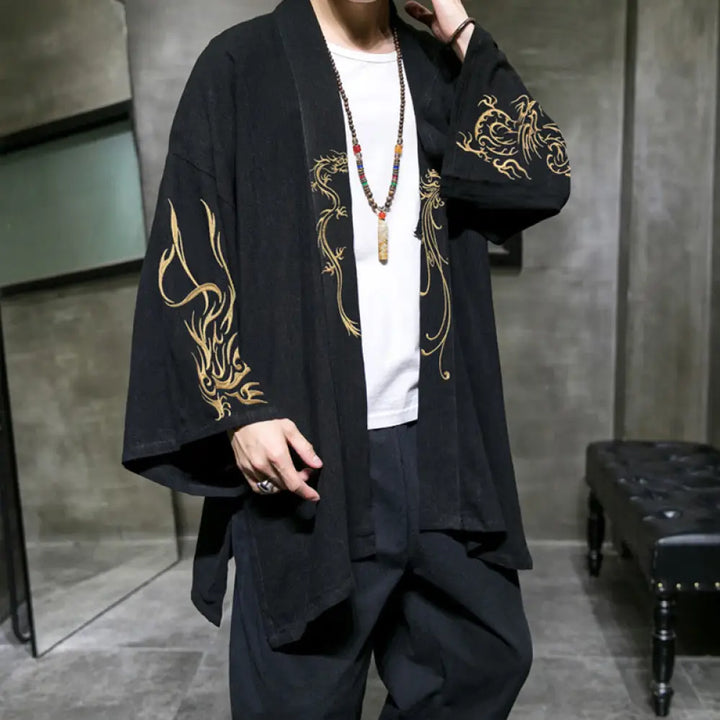 BWOOOH Dragon Phoenix Open Front Long Sleeve Jacket Men&