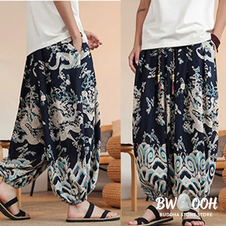 Buddha Stones Dragon Print Cotton Men’s Harem Ankle-Length Pants With Pockets - Men’s Harem Pants