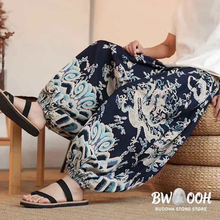 Buddha Stones Dragon Print Cotton Men’s Harem Ankle-Length Pants With Pockets - Men’s Harem Pants