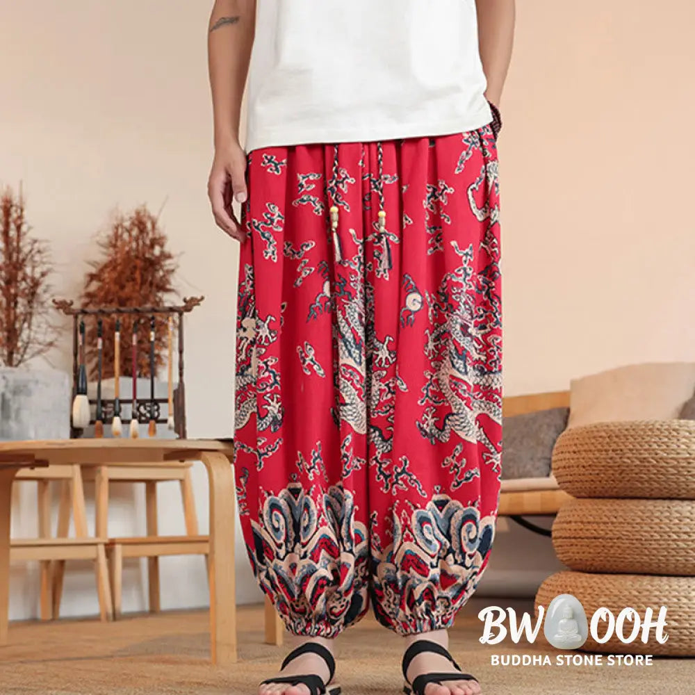 Buddha Stones Dragon Print Cotton Men’s Harem Ankle-Length Pants With Pockets - Men’s Harem Pants