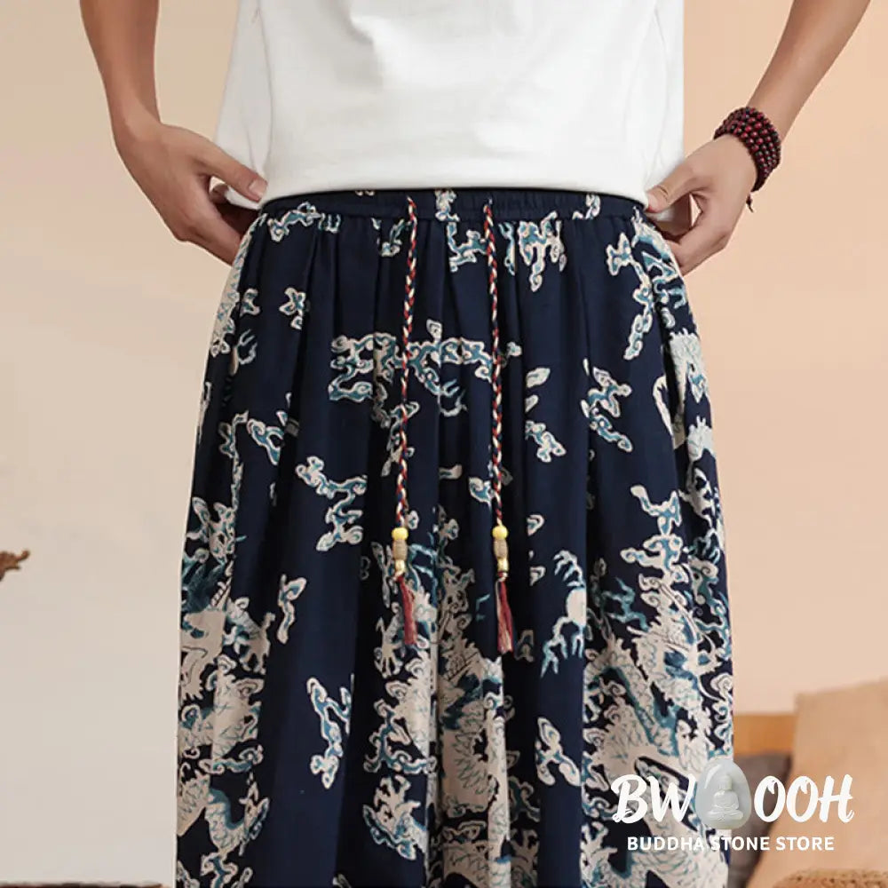 Buddha Stones Dragon Print Cotton Men’s Harem Ankle-Length Pants With Pockets - Men’s Harem Pants