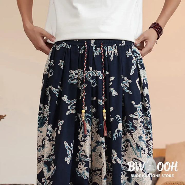 Buddha Stones Dragon Print Cotton Men’s Harem Ankle-Length Pants With Pockets - Men’s Harem Pants