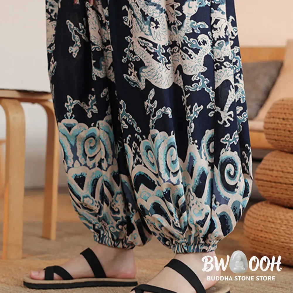 Buddha Stones Dragon Print Cotton Men’s Harem Ankle-Length Pants With Pockets - Men’s Harem Pants