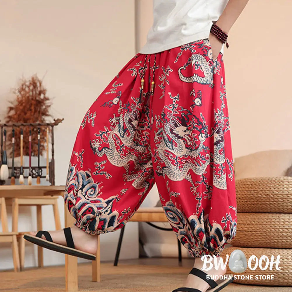Buddha Stones Dragon Print Cotton Men’s Harem Ankle-Length Pants With Pockets - Men’s Harem Pants