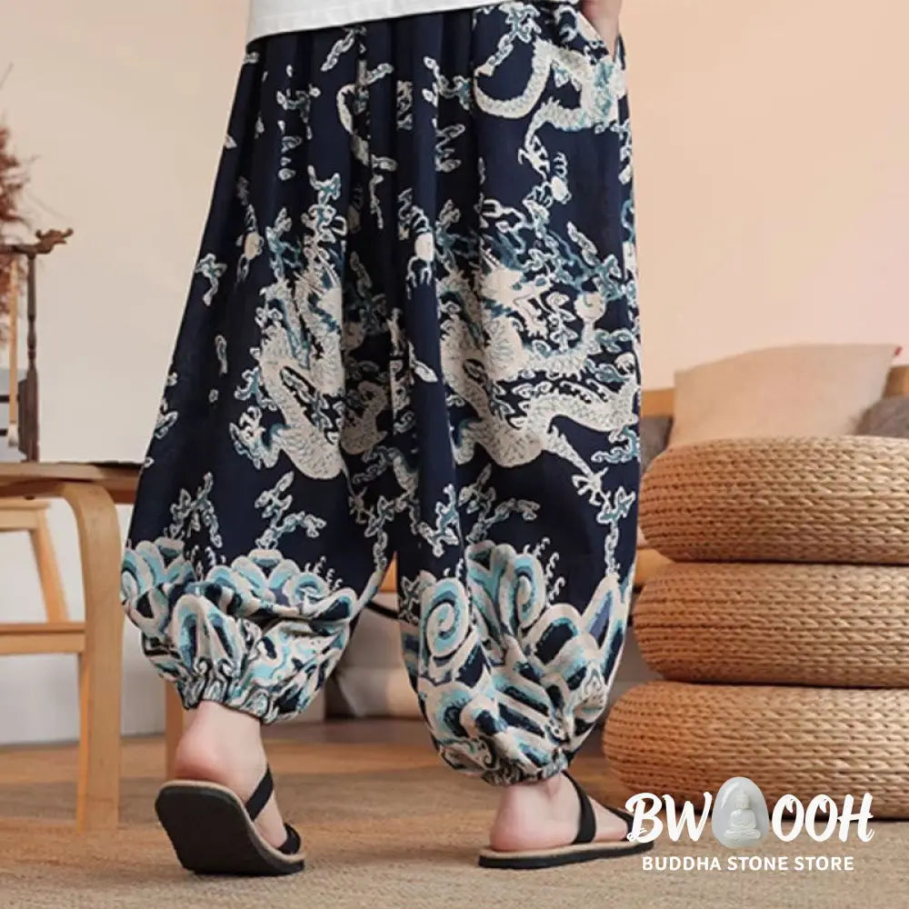 Buddha Stones Dragon Print Cotton Men’s Harem Ankle-Length Pants With Pockets - Men’s Harem Pants