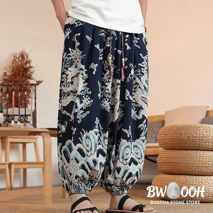 Buddha Stones Dragon Print Cotton Men’s Harem Ankle-Length Pants With Pockets - Men’s Harem Pants