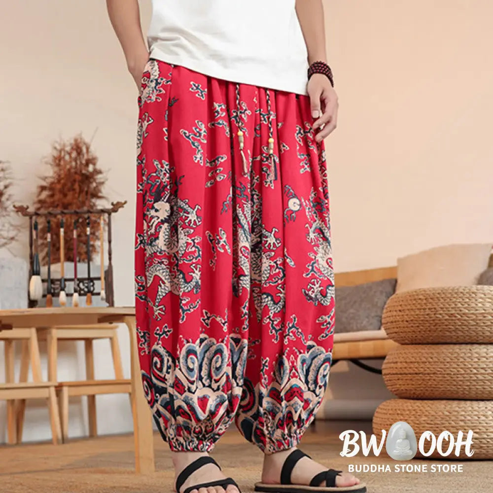 Buddha Stones Dragon Print Cotton Men’s Harem Ankle-Length Pants With Pockets - Men’s Harem Pants