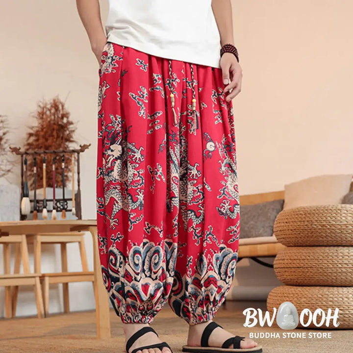 Buddha Stones Dragon Print Cotton Men’s Harem Ankle-Length Pants With Pockets - Men’s Harem Pants