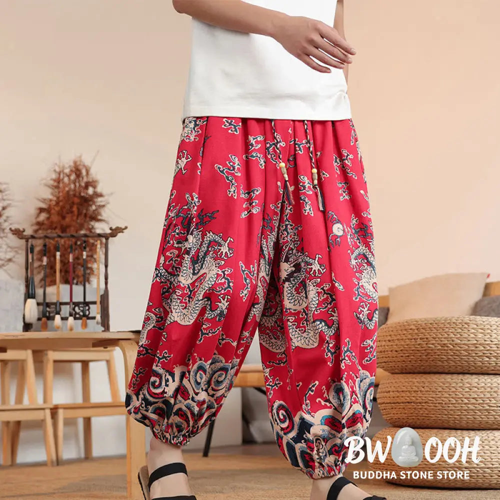 Buddha Stones Dragon Print Cotton Men’s Harem Ankle-Length Pants With Pockets - Men’s Harem Pants