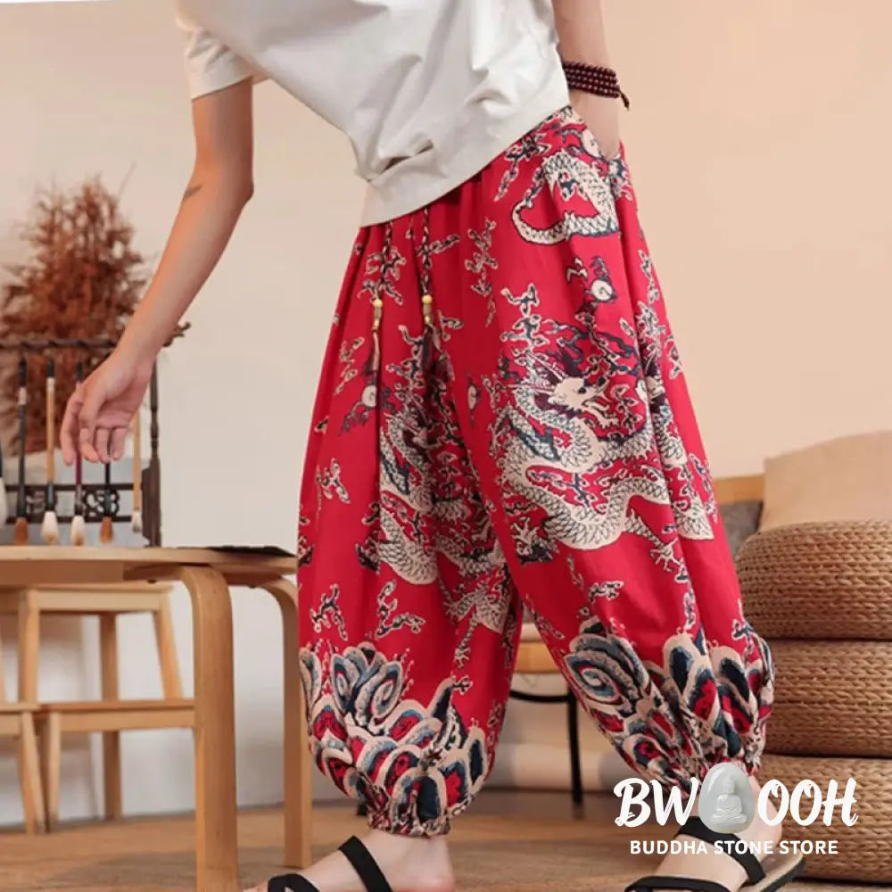 Buddha Stones Dragon Print Cotton Men’s Harem Ankle-Length Pants With Pockets - Men’s Harem Pants