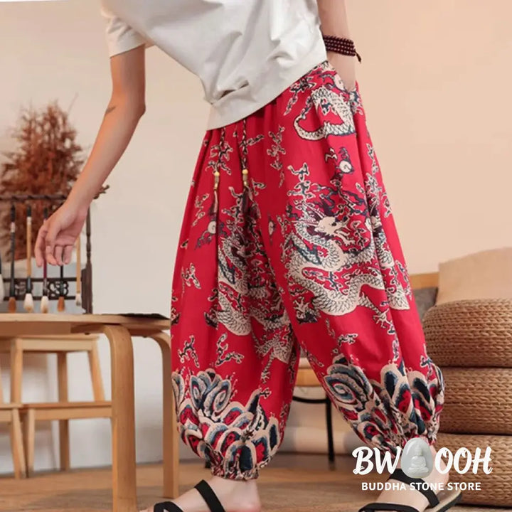 Buddha Stones Dragon Print Cotton Men’s Harem Ankle-Length Pants With Pockets - Men’s Harem Pants