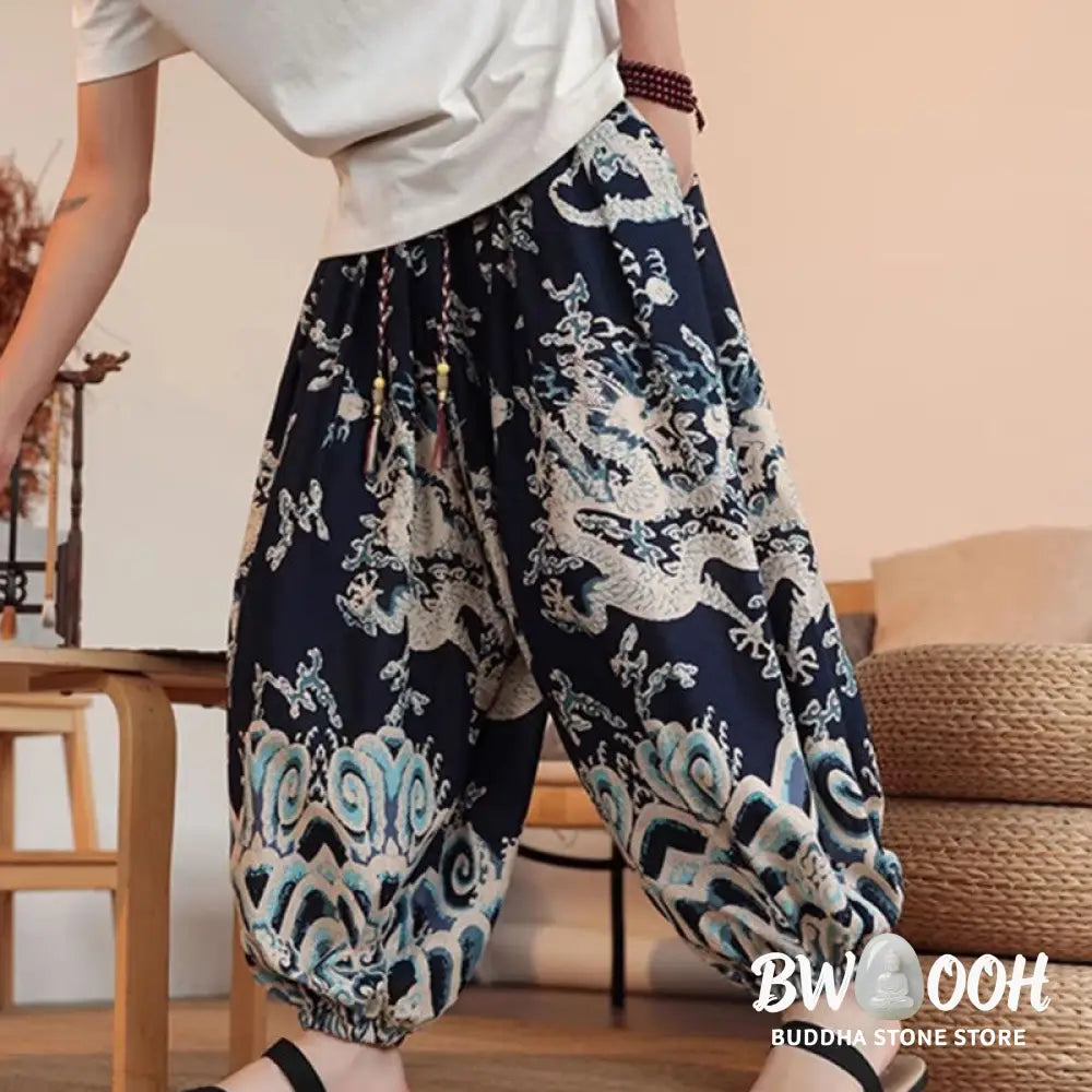 Buddha Stones Dragon Print Cotton Men’s Harem Ankle-Length Pants With Pockets - Men’s Harem Pants