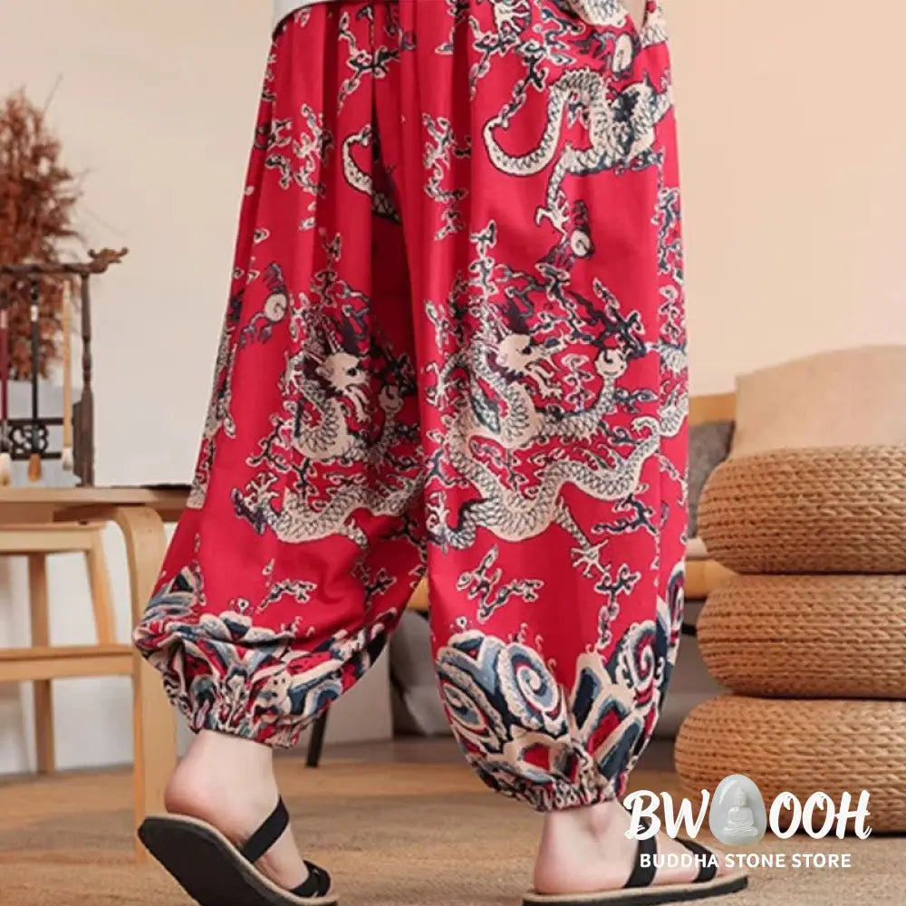Buddha Stones Dragon Print Cotton Men’s Harem Ankle-Length Pants With Pockets - Men’s Harem Pants