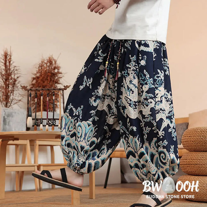 Buddha Stones Dragon Print Cotton Men’s Harem Ankle-Length Pants With Pockets - Men’s Harem Pants