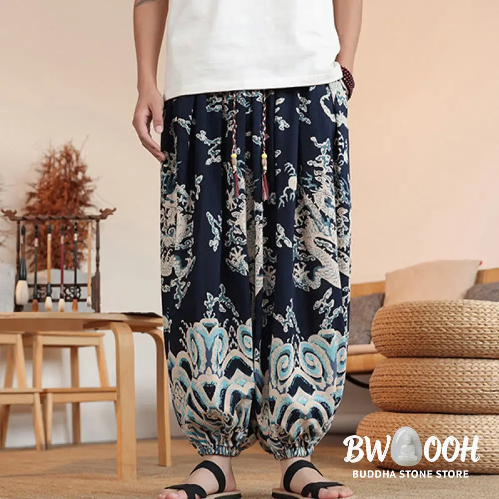 Buddha Stones Dragon Print Cotton Men’s Harem Ankle-Length Pants With Pockets - Men’s Harem Pants