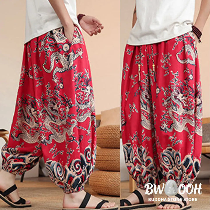 Buddha Stones Dragon Print Cotton Men’s Harem Ankle-Length Pants With Pockets - Men’s Harem Pants