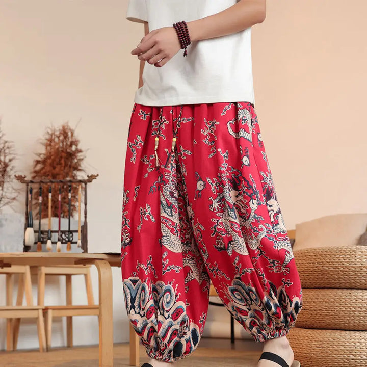 Buddha Stones Dragon Print Cotton Men’s Harem Ankle-Length Pants With Pockets - Red / US/UK/AU36，EU46 (L) - Men’s Harem