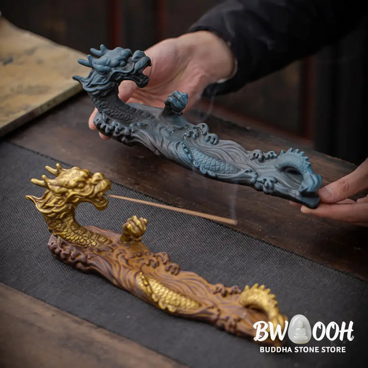 BWOOOH Dragon Protection Ceramic Stick Incense Burner Decoration - Gold Brown - Incense Burner