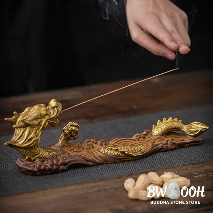 BWOOOH Dragon Protection Ceramic Stick Incense Burner Decoration - Gold Brown - Incense Burner