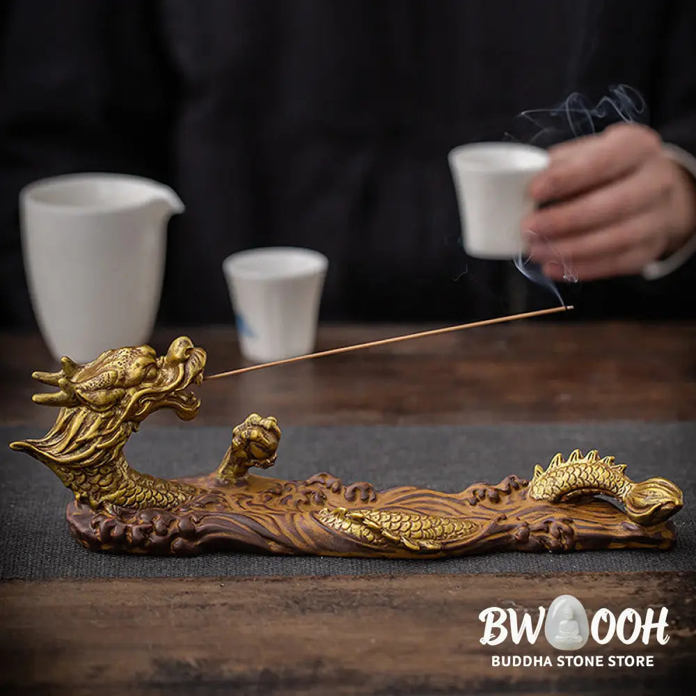 BWOOOH Dragon Protection Ceramic Stick Incense Burner Decoration - Gold Brown - Incense Burner