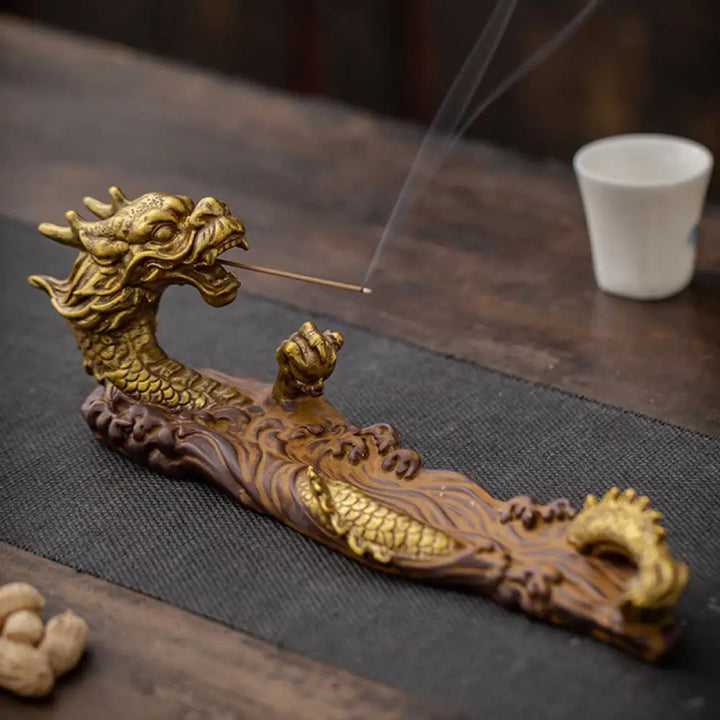 BWOOOH Dragon Protection Ceramic Stick Incense Burner Decoration - Gold Brown - Incense Burner