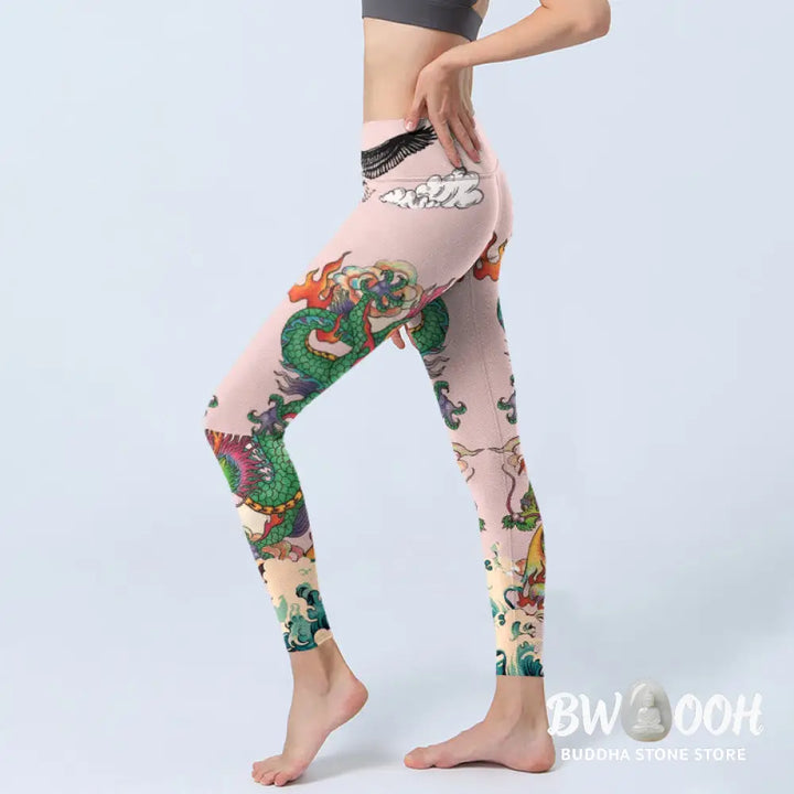 BWOOOH printed yoga leggings - Dragon Rose Eagle Waves Auspicious Cloud