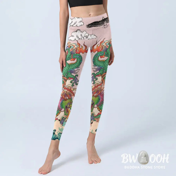 BWOOOH printed yoga leggings - Dragon Rose Eagle Waves Auspicious Cloud