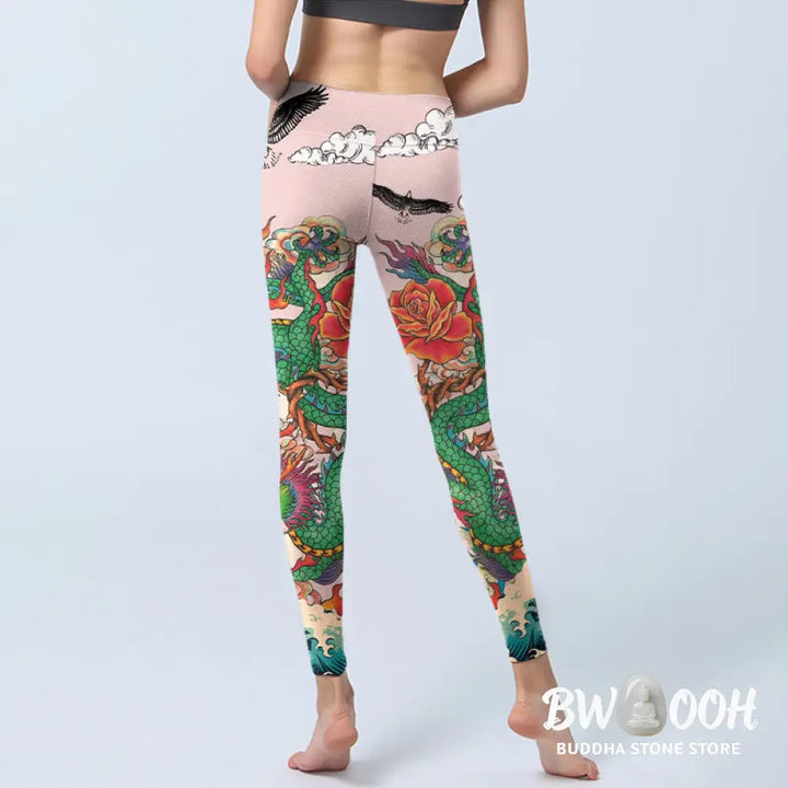 BWOOOH printed yoga leggings - Dragon Rose Eagle Waves Auspicious Cloud