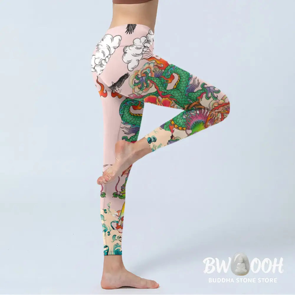 BWOOOH printed yoga leggings - Dragon Rose Eagle Waves Auspicious Cloud