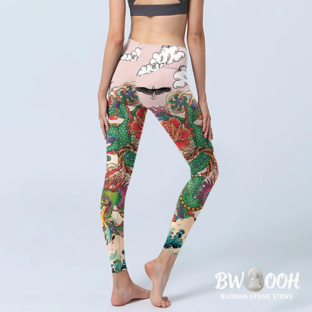 BWOOOH printed yoga leggings - Dragon Rose Eagle Waves Auspicious Cloud
