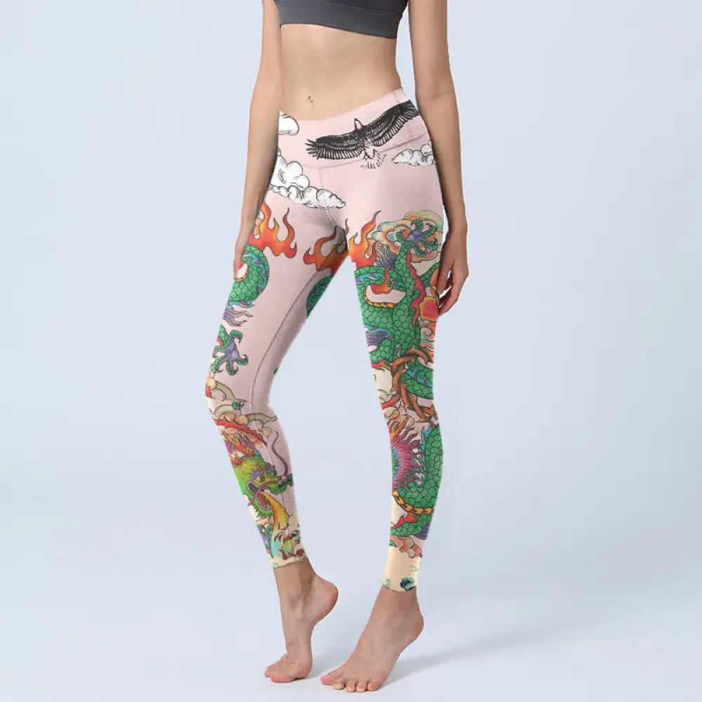 BWOOOH printed yoga leggings - Dragon Rose Eagle Waves Auspicious Cloud