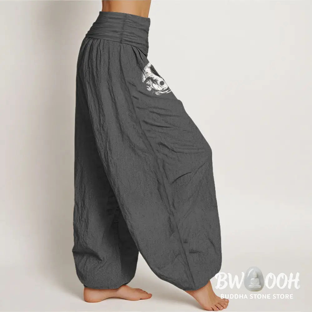 Buddha Stones Dragon Yin Yang Waves Flower Pattern Pure Cotton Women’s Elastic Waist Harem Pants - Women’s Harem Pants
