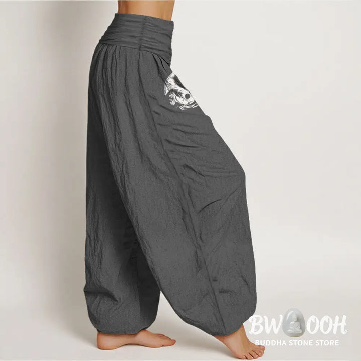 Buddha Stones Dragon Yin Yang Waves Flower Pattern Pure Cotton Women’s Elastic Waist Harem Pants - Women’s Harem Pants
