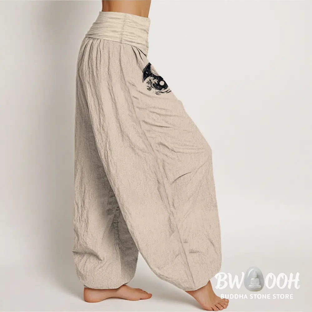 Buddha Stones Dragon Yin Yang Waves Flower Pattern Pure Cotton Women’s Elastic Waist Harem Pants - Women’s Harem Pants