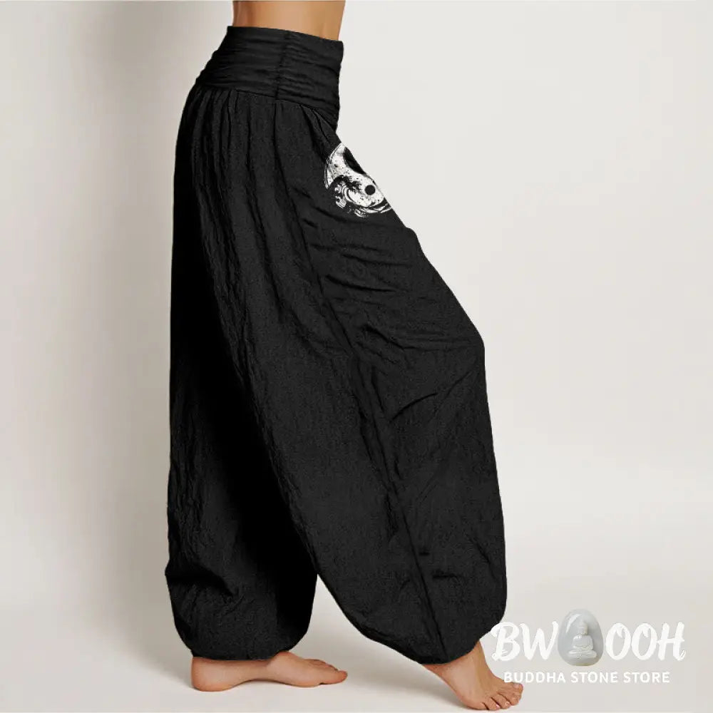 Buddha Stones Dragon Yin Yang Waves Flower Pattern Pure Cotton Women’s Elastic Waist Harem Pants - Women’s Harem Pants