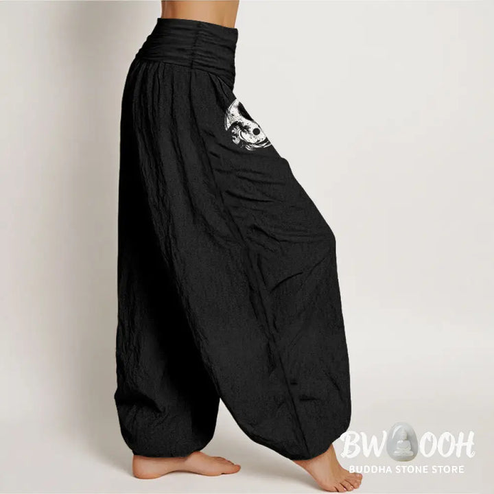 Buddha Stones Dragon Yin Yang Waves Flower Pattern Pure Cotton Women’s Elastic Waist Harem Pants - Women’s Harem Pants
