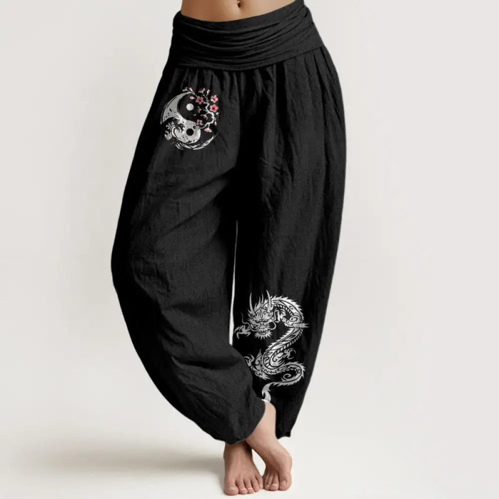 BWOOOH printed harem pants - Dragon Yin Yang Waves Flower Pattern Pur