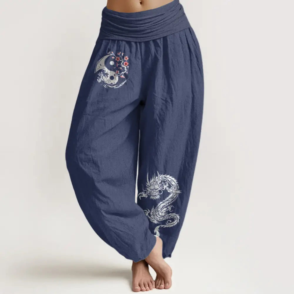 Buddha Stones Dragon Yin Yang Waves Flower Pattern Pure Cotton Women’s Elastic Waist Harem Pants - DarkSlateBlue
