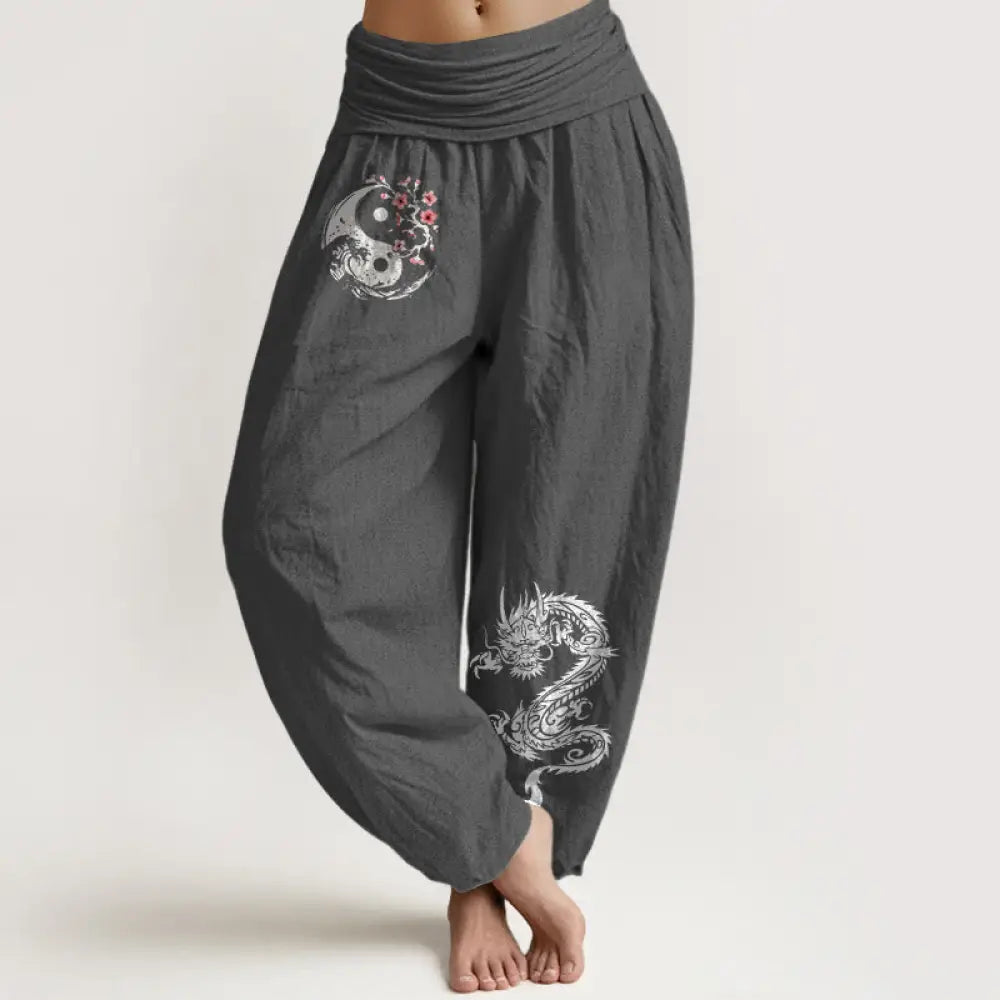 Buddha Stones Dragon Yin Yang Waves Flower Pattern Pure Cotton Women’s Elastic Waist Harem Pants - DimGray