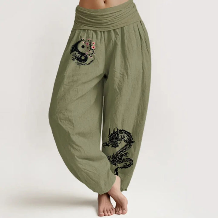 Buddha Stones Dragon Yin Yang Waves Flower Pattern Pure Cotton Women’s Elastic Waist Harem Pants - OliveDrab