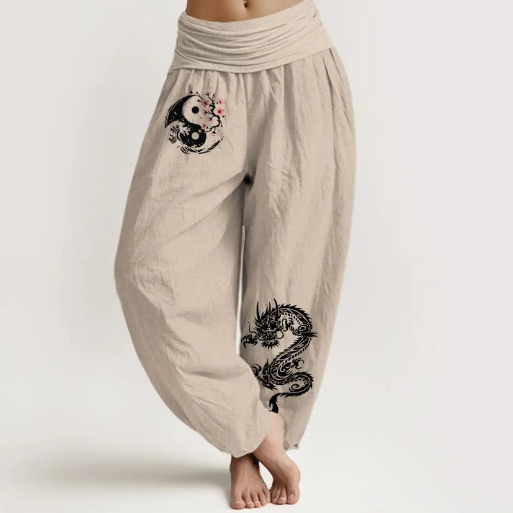 Buddha Stones Dragon Yin Yang Waves Flower Pattern Pure Cotton Women’s Elastic Waist Harem Pants - Tan