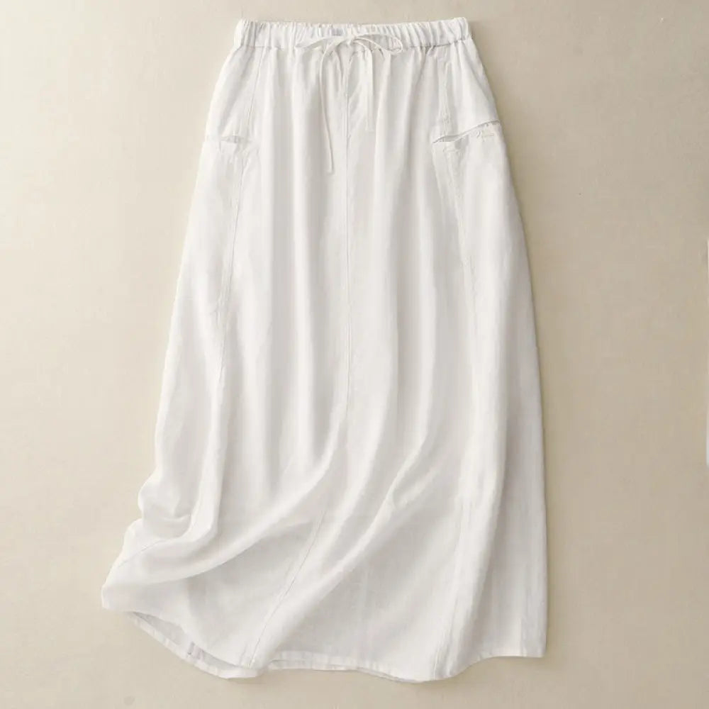 Buddha Stones Drawstring A-line Elastic Waist Cotton Women’s Skirt - White / US4，UK/AU8，EU36 (L) - Skirt