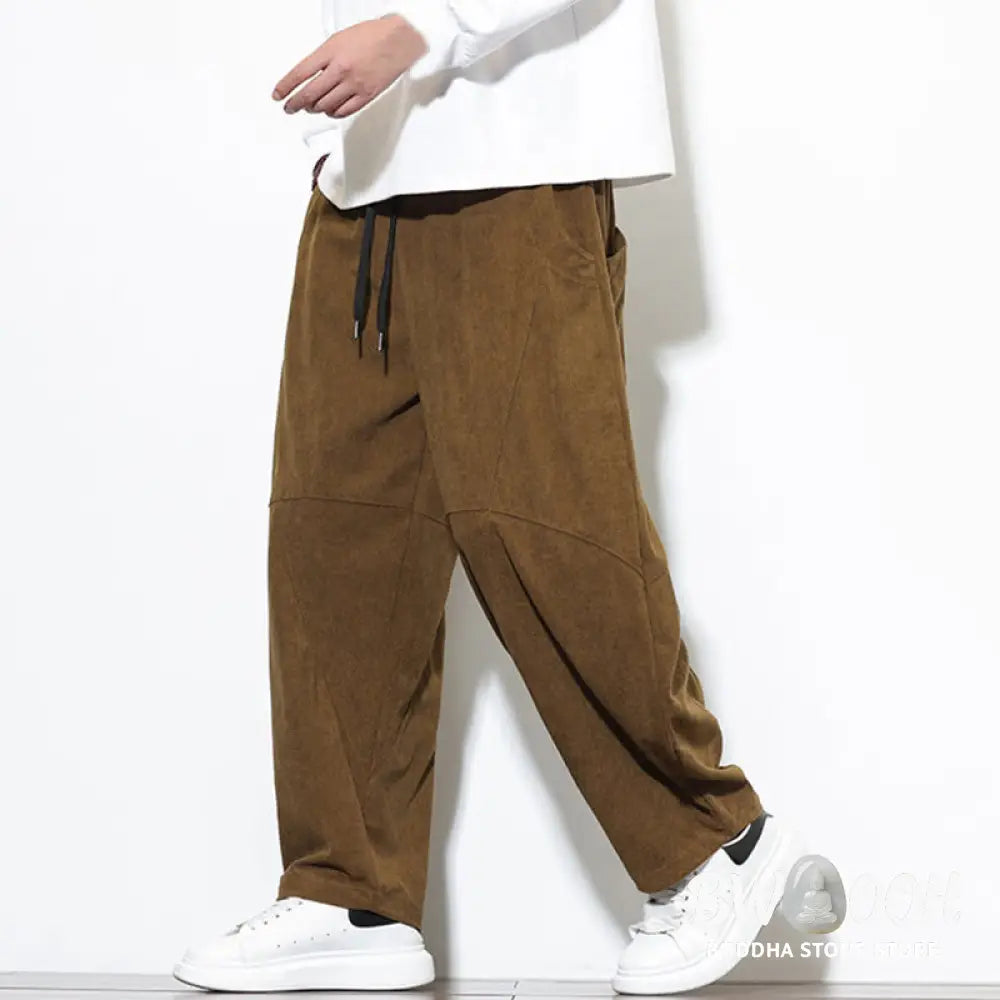 Buddha Stones Drawstring Solid Color Tapered Design Cotton Corduroy Men’s Harem Pants With Pockets - Men’s Harem Pants