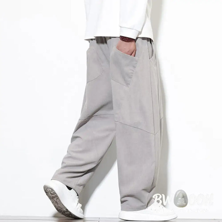Buddha Stones Drawstring Solid Color Tapered Design Cotton Corduroy Men’s Harem Pants With Pockets - Men’s Harem Pants