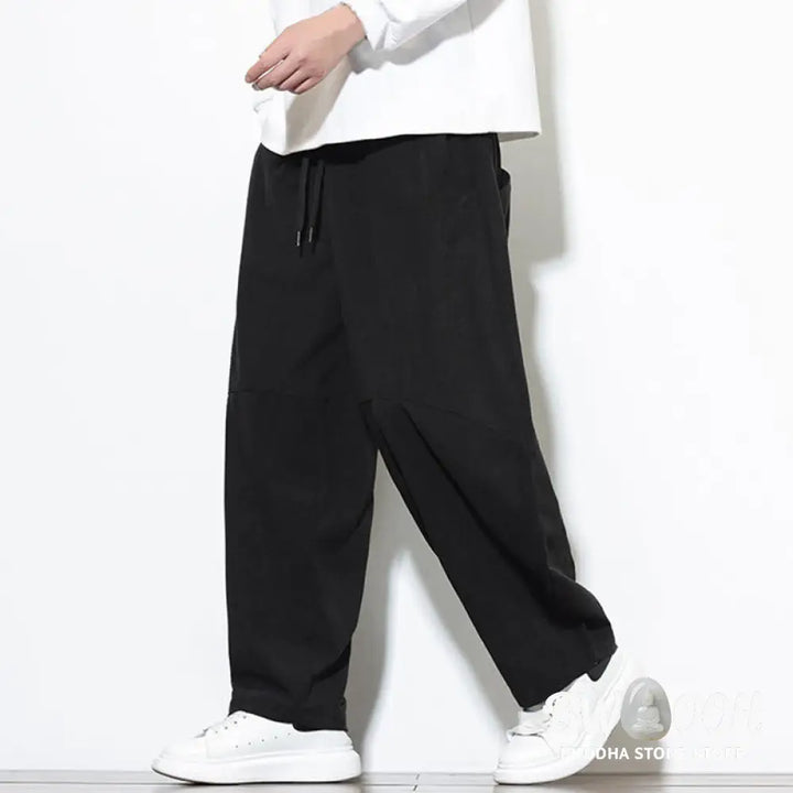 Buddha Stones Drawstring Solid Color Tapered Design Cotton Corduroy Men’s Harem Pants With Pockets - Men’s Harem Pants