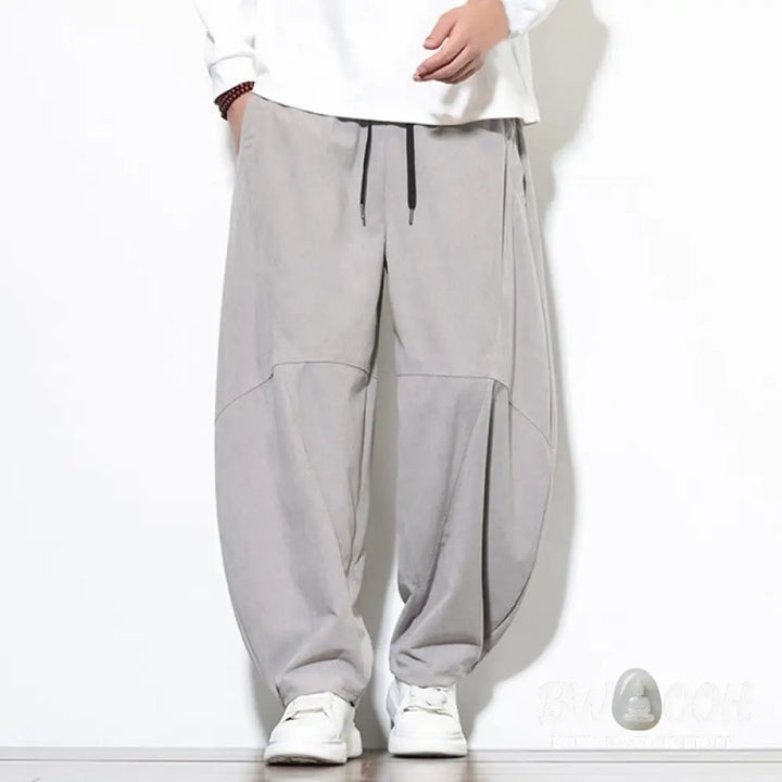 Buddha Stones Drawstring Solid Color Tapered Design Cotton Corduroy Men’s Harem Pants With Pockets - Men’s Harem Pants