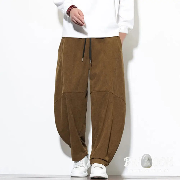 Buddha Stones Drawstring Solid Color Tapered Design Cotton Corduroy Men’s Harem Pants With Pockets - Men’s Harem Pants