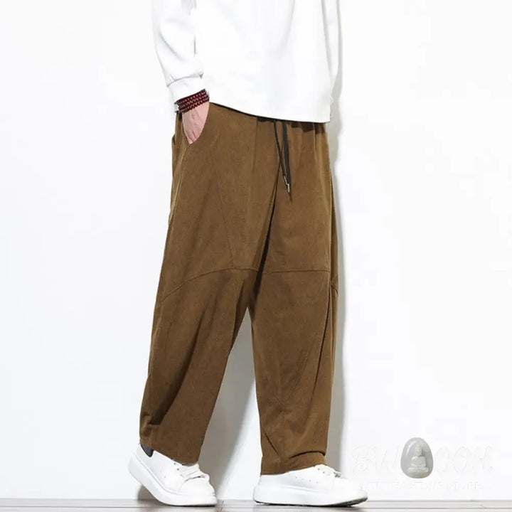 Buddha Stones Drawstring Solid Color Tapered Design Cotton Corduroy Men’s Harem Pants With Pockets - Men’s Harem Pants