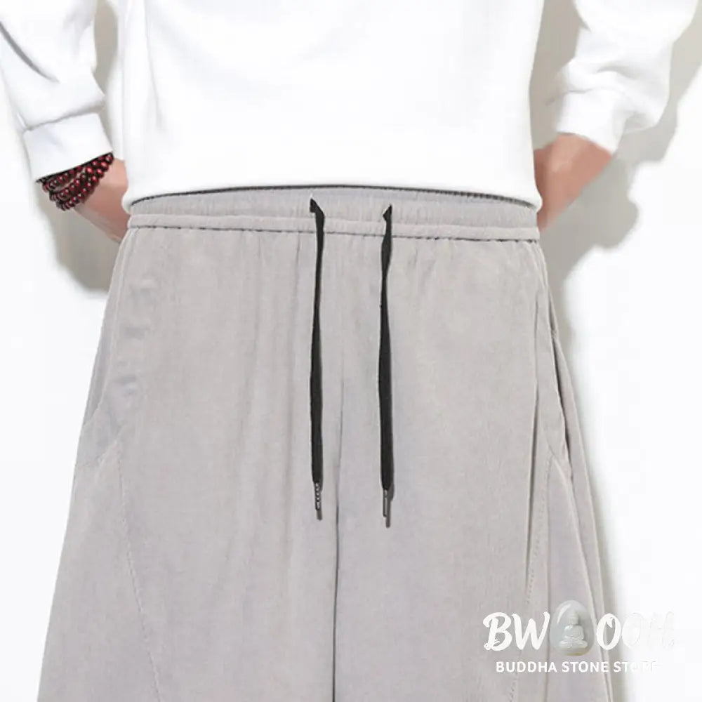 Buddha Stones Drawstring Solid Color Tapered Design Cotton Corduroy Men’s Harem Pants With Pockets - Men’s Harem Pants