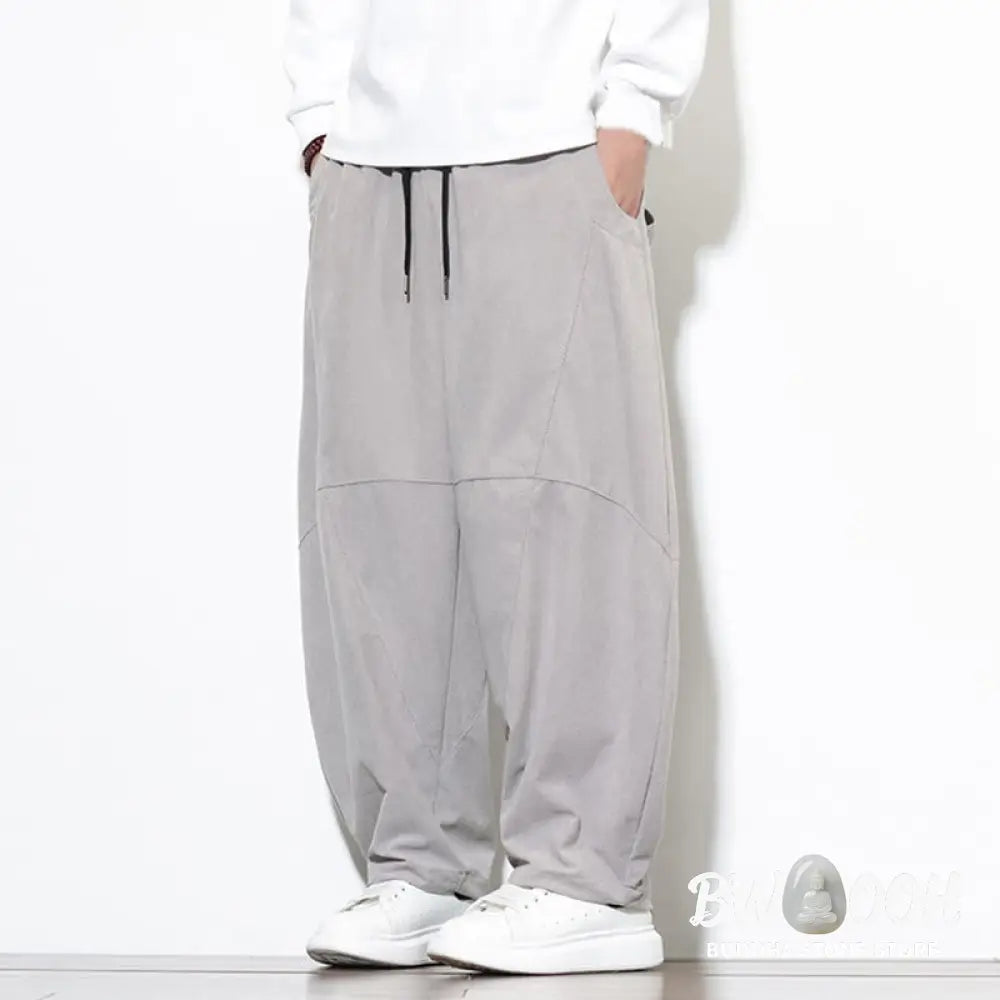 Buddha Stones Drawstring Solid Color Tapered Design Cotton Corduroy Men’s Harem Pants With Pockets - Men’s Harem Pants